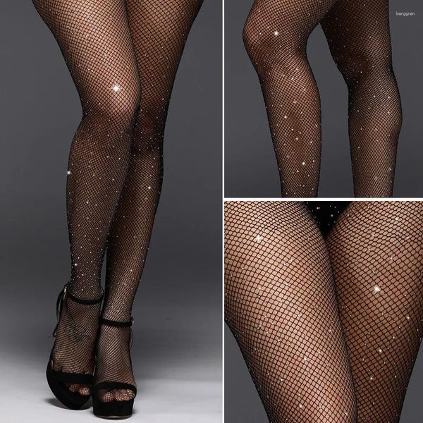 Frauen Socken Sexy Fishnet Strümpfe Diamant Mesh Strumpfhosen Damen Glänzenden Strass Nylon Strumpfhosen Aushöhlen Über Knie