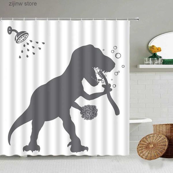 Tende da doccia Divertenti balneazioni Dinosauro Tende da doccia Grigio Silhouette Animali selvatici Bianco Bambini Arredamento bagno Tessuto in poliestere Tenda da bagno Y240316