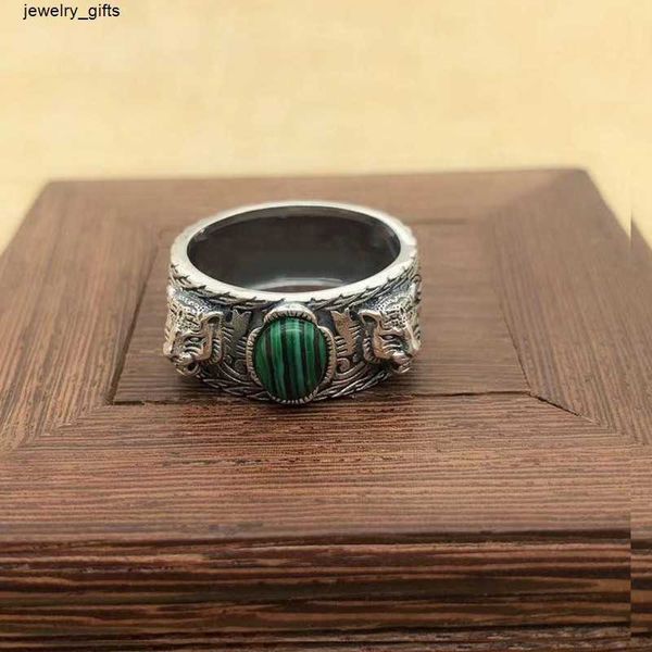 Anello in argento fine al 100% con testa di tigre in argento 925, moda retrò tailandese doppio felino intarsiato in malachite da uomo prepotente