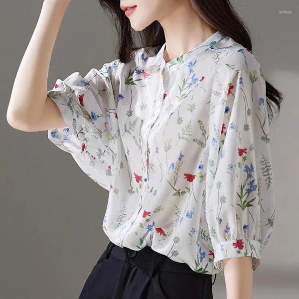 Blusas femininas chiffon camisa verão 2024 flor casual estampas soltas manga curta topo o pescoço roupas femininas ycmyunyan