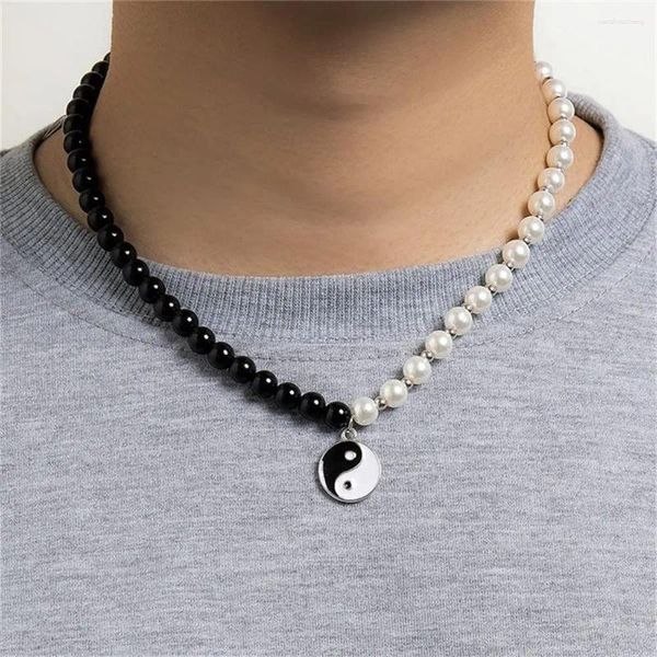 Pingente colares retro presentes punk colar corrente preto e branco imitação pérola grânulos yin yang colar gargantilha tai chi