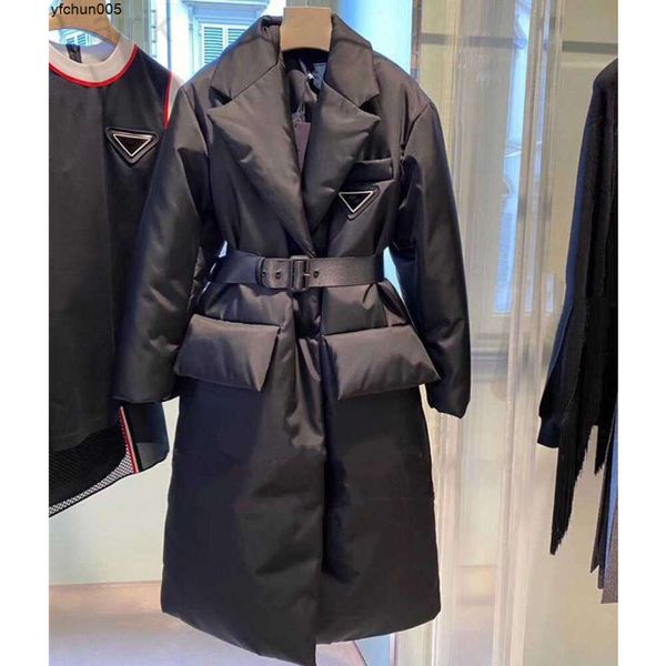 2023 designs marca feminina jaqueta de inverno casacos longos casaco quente moda parkas com cinto senhora algodão outerwear bolso grande {categoria}