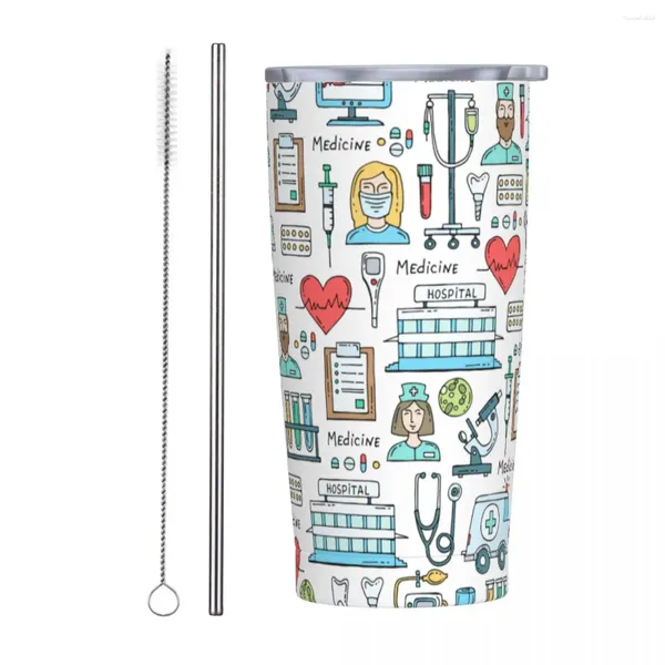 Bicchieri Medici Infermiera Infermiera Bicchiere da 20 Oz Tazza termica da viaggio isolata sotto vuoto con coperchio e cannuccia Tazza a doppia parete in acciaio inossidabile