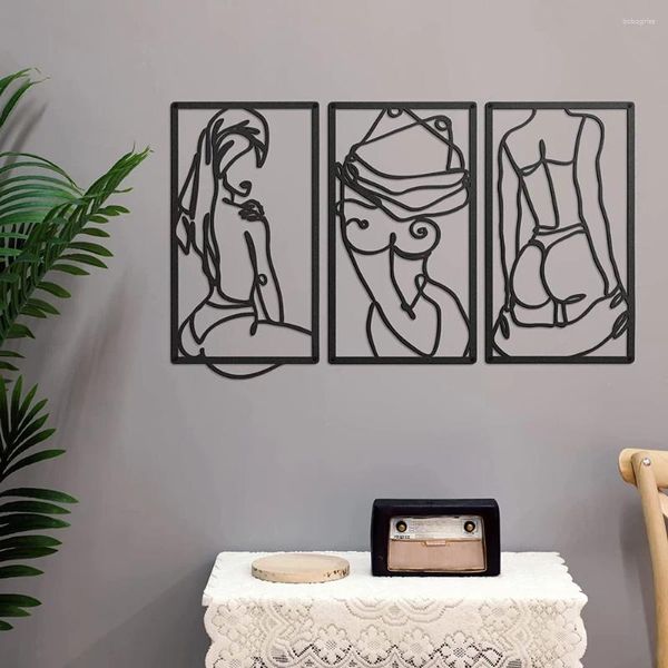 Dekoratif Figürinler 3pcs Modern Minimalist Duvar Dekoru Soyut Çizgi Sanat Kadın Şekla Baskı Çizim Metal