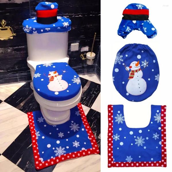 Halılar 3pcs/set Noel mat banyo dekor Xmas Halı Mavi Kardan Adam Tuvalet Koltuk Kapağı ve Yıllık Ev Dekorasyonları Hediyesi