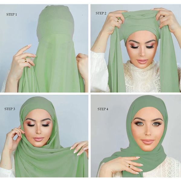 Pin Free Instant Chiffon Hijab Schal mit Undercaps Muslimische Frauen Hijabs mit Innenkappen Underscarf Caps Islam Muslim Kopftuch 240301