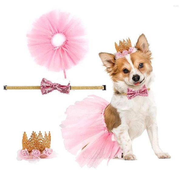 Vestuário para cães Stobok vestido de aniversário cachorrinho rosa tutu saia laço coroa chapéu bowtie pet traje menina roupa de casamento