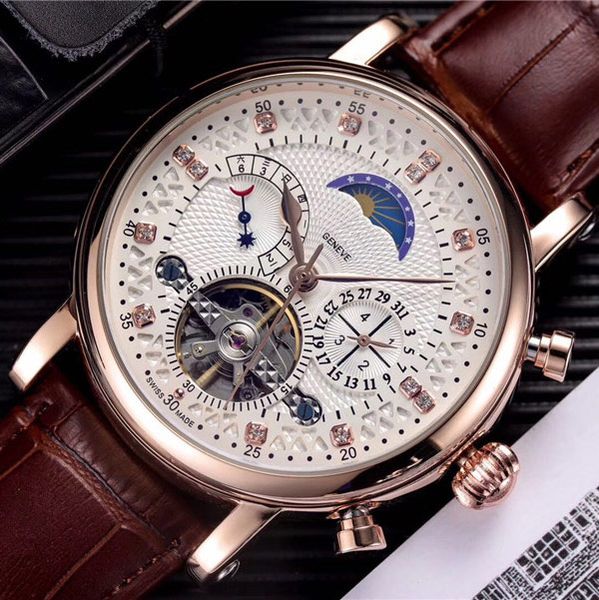 Роскошные мужские автоматические механические часы с кожаным ремешком с бриллиантами для часов с акцентом на фазу Луны - элегантные часы для Дня отца
