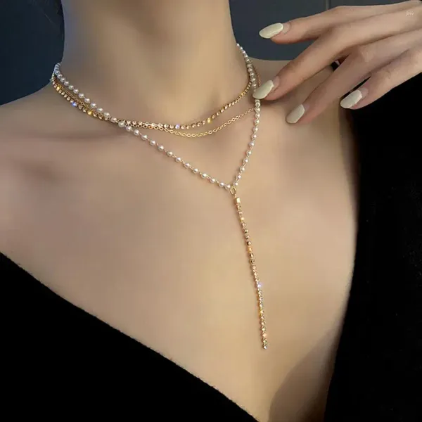 Pingente colares mulheres colar strass falso pérola ajustável multi camadas requintado inoxidável leve pescoço decoração jóias baile