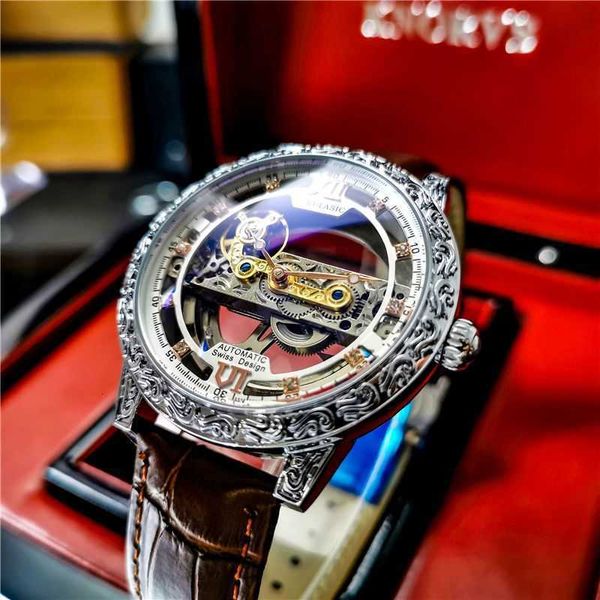 Orologio automatico svizzero autentico intagliato da uomo, impermeabile, senza carica, scavato, luminoso, cintura in vera pelle, lusso leggero