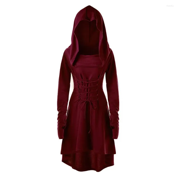 Casual Dresses Gothic Vinatge Kapuzenkleid für Frauen Langarm Bandage Schlanke Taille Gürtelmantel Mittelalterliche Spitze Up Vestidos Halloween