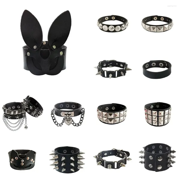 Bağlantı Bilezikler Siyah Deri Bileklik Bilezik Goth Gotik Punk Kadın Erkek Erkekler Perçin Saplama Bileklik Cosplay Rock Unisex Jewelry