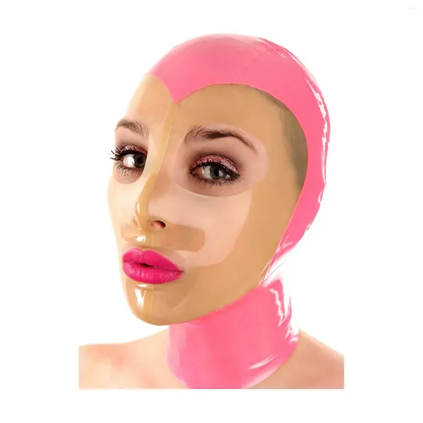 BHs Sets MONNIK Full Cover Latex Gummihaube Maske Offene AugenMund Rosa Transparent mit hinterem Reißverschluss Handgemacht für Catsuit Party