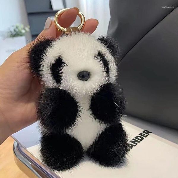 Chaveiros pequeno panda boneca de pelúcia mulheres saco ornamentos bonito imitação carro chaveiro urso chaveiro moda meninas presente