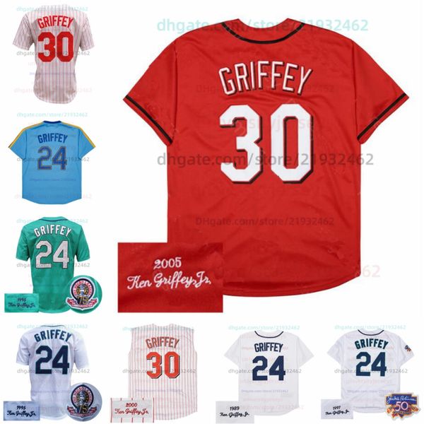 Ken Griffey Jersey Vintage 1989 Bianco 1995 Verde 1997 2000 Gessato 2005 10th Red Mesh BP Blu Pullover Nero Navy Retirement Patch uomo donna gioventù tutto cucito