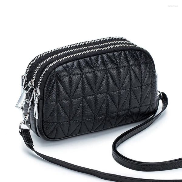 Bolsas de ombro acolchoadas couro genuíno três compartimentos zíper senhora crossbody