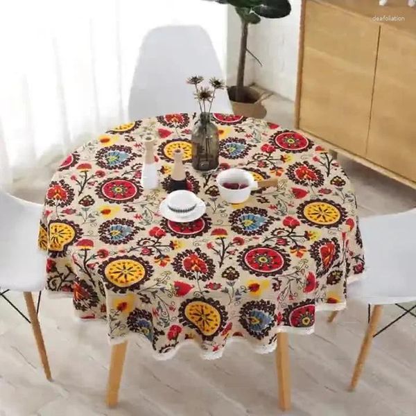 Tischdecke, Boho-Sonnenblumen-Baumwoll-Leinen mit Quaste, runde Tischdecke für Teekarten-Abdeckung