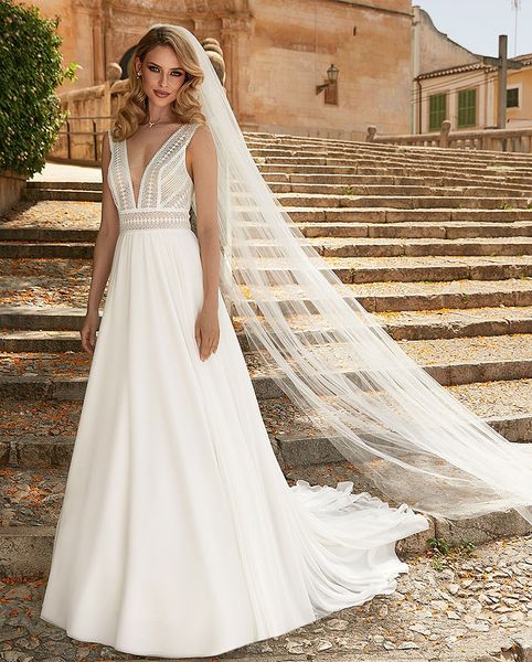 Abiti da sposa Bohemian Beach Abito da sposa in chiffon di pizzo Aline Abiti da sposa 2024 Abito da sposa sexy senza maniche con scollo a V