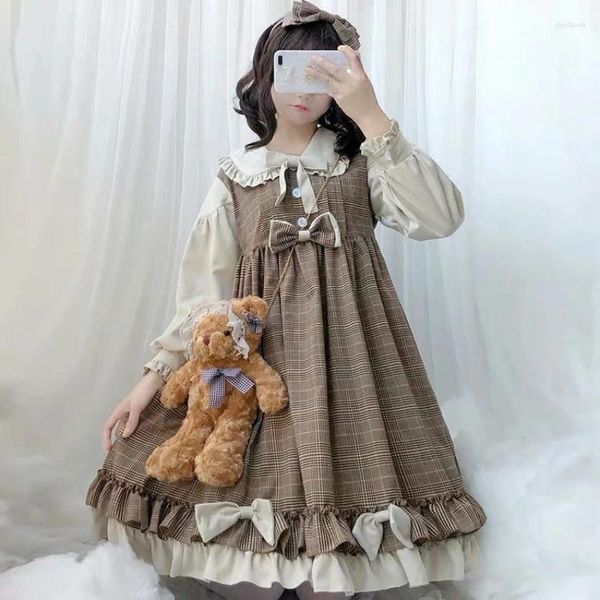 Vestidos casuais japonês vintage kawaii lolita vestido mulheres doce bonito arco boneca colar xadrez macio menina auricularia renda manga longa