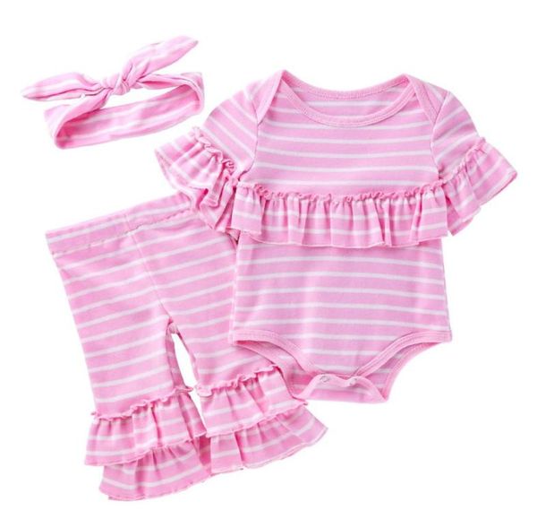 Cute Baby Girl Autunno Set di abbigliamento 024 Mese Neonato Designer Pink Stripe Ruffle Pagliaccetto Tute Pagliaccetti di cotone Pantaloni Headban1551921