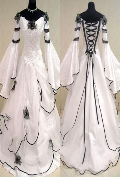 Винтажные черно-белые средневековые свадебные платья эпохи Возрождения Vestido De Novia Кельтские свадебные платья с облегающими и расклешенными рукавами Flowe3492435