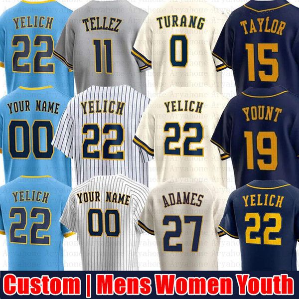 Personalizado 22 Christian Yelich Garrett Mitchell Jersey de beisebol Willy Adames Brandon Woodruff Ryan Braun Lorenzo Robin Luis Urias Rhys Hoskins Joey Wiemer Sal Frelick