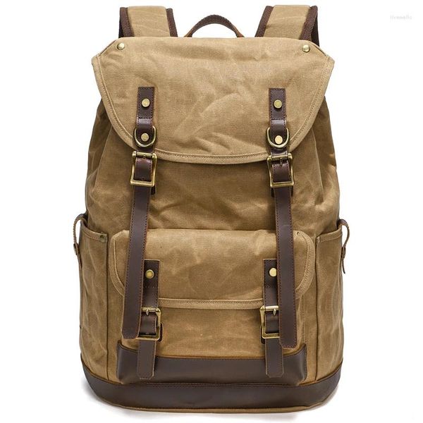 Рюкзак мужской винтажный, водостойкий, из вощеной парусины, кожаный, 15,6-дюймовая сумка для ноутбука, компьютера, большие уличные дорожные сумки