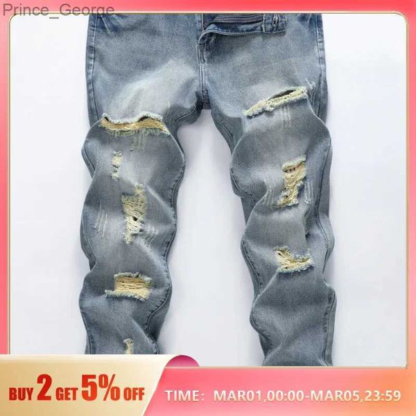 Herren-Jeans, gerade, nicht dehnbare Baumwolle, lässige Mode, Denim-Hosen, zerrissene, ausgefranste Jeans in gebleichter Waschung, L2403