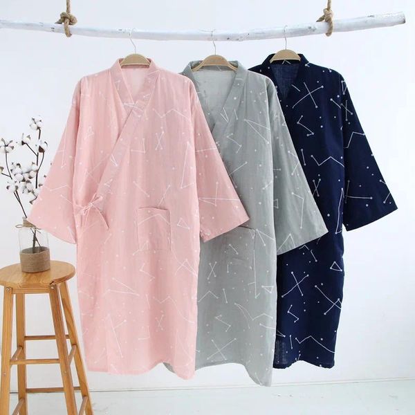 Pijamas femininos casal japonês kimono roupões de banho de algodão roupas para casa pijamas soltos impressão pijamas roupa de dormir