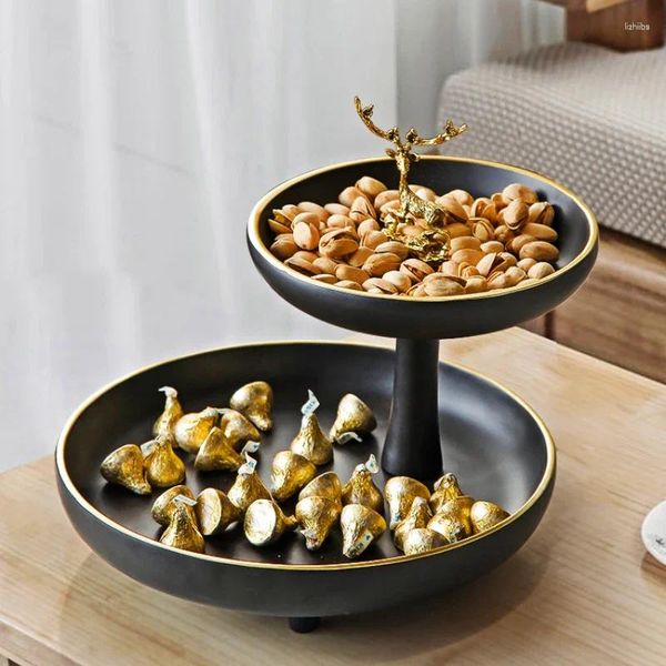 Piastre vassoio di frutta a doppio strato con corna dorate per snackscandies - una piastra in resina in stile letterario minimalista di alta qualità