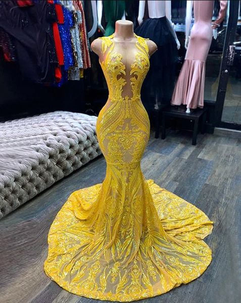 Impressionante laço amarelo sereia vestidos de baile 2024 novas meninas negras met gala vestidos de noite pura jóia pescoço renda apliques robes de bal BC18398