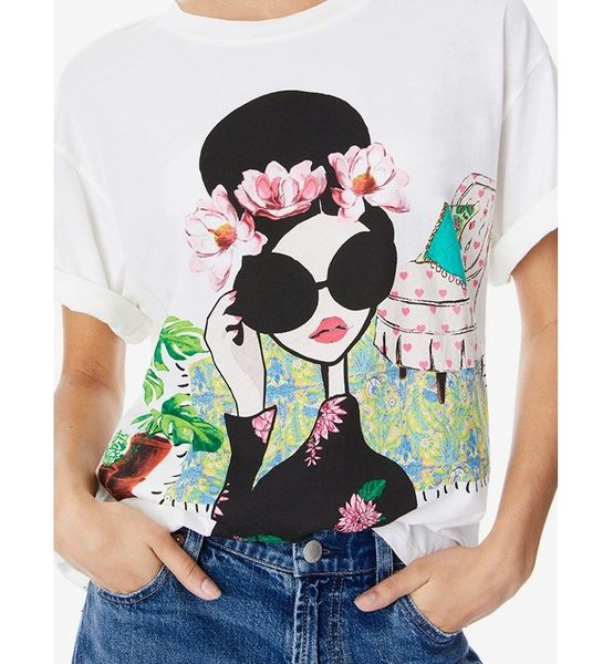 2024 verão nova alice + olivia designer stace rosto flor impressão em torno do pescoço superior versátil feminino manga curta camiseta