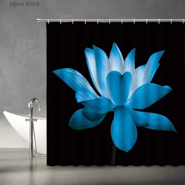 Duschvorhänge, Lotus-Duschvorhänge, asiatisches, elegantes Blumenmuster, moderne, einfache Blume, einzigartiger Kunstdruck, Stoff, Badezimmer-Dekor-Set mit Haken, Schwarz, Blau, Y240316