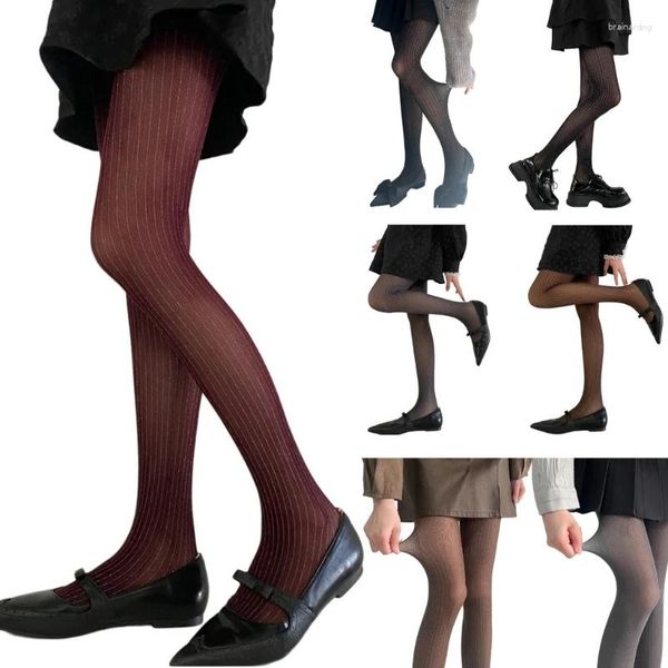 Kadın Çoraplar Renkli Yarı Sheer Pantyhose Pırıltılı Çizgili İnce İpek Tayt Çorapları