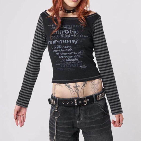 T-shirt da donna Y2k Gothic Primavera Estate Aderente Crop Top Nero Manica lunga Stampa di lettere T-shirt a righe ritagliate Streetwear