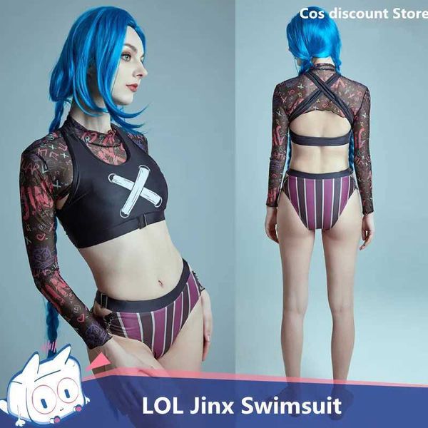 Jogo de banho feminino lol cosplay jinx maiô anime mulheres verão split bikini conjunto sexy banho vem para meninas 2022 tamanhos S-XLC24315