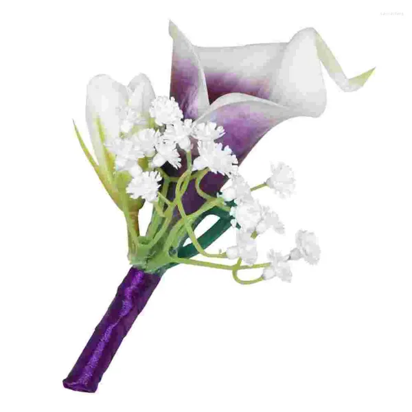 Fiori decorativi Spilla fiore artificiale Calla Sposo Fiore all'occhiello Uomo Sposa Polso Corsage Decorazione della festa nuziale Po Prop Viola