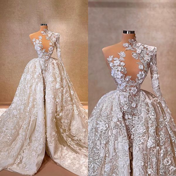 Clássico sereia vestidos de noiva 3d-floral apliques vestido de casamento com overskirts um ombro renda ilusão feito sob encomenda vestidos de noiva