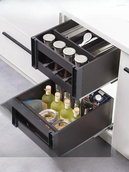 Кухонный шкаф для хранения, выдвижная корзина, тип ящика, двойная чаша из алюминиевого сплава, демпфированная направляющая для приправ