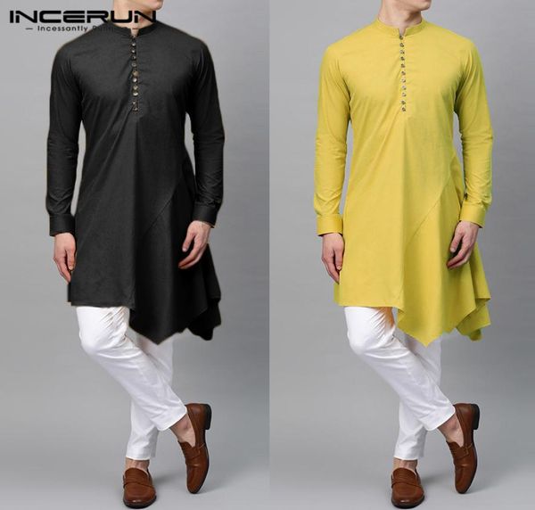 Camisa longa masculina roupas indianas cor sólida 2021 manga longa vintage kurtas camisas irregulares elegantes roupões muçulmanos incerun 5xl2938842