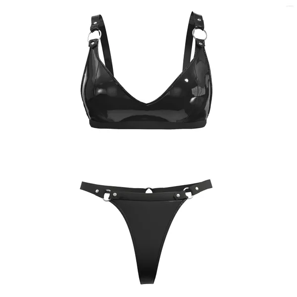 Reggiseni Donna Lingerie sexy in pelle Set Wetlook Finto intimo Erotico alto sotto i pantaloncini Senza ferretto Reggiseno senza imbottitura Sexi