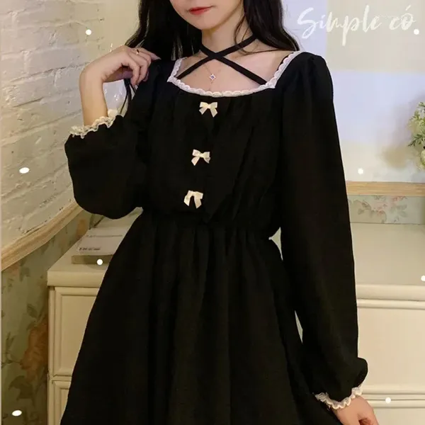 Partykleider Japanisches Lolita Gothic Kleid Frauen Schwarz Niedlich Vintage Kawaii Casual Langarm Y2k 2024 Harajuku Fliege