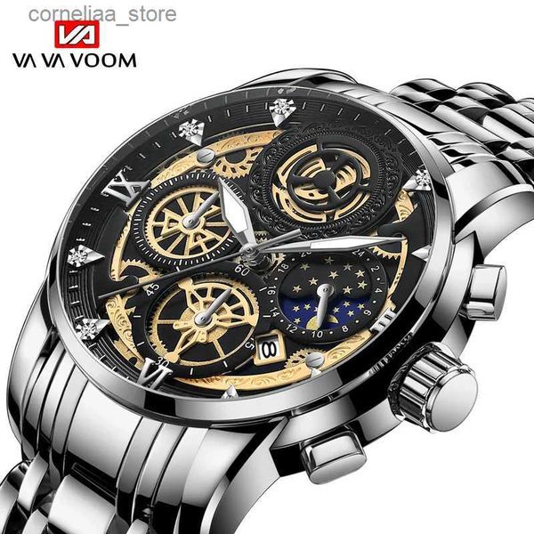 Altri orologi da uomo di lusso sportivi VA VOOM moda maschile strass argento nero acciaio inossidabile quarzo impermeabile casual da uomo Y240316