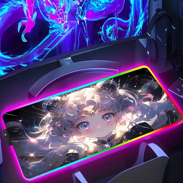 Rosa schönes Mädchen, großes Mauspad, Hintergrundbeleuchtung, PC-Gamer-Zubehör, LED-RGB-Mauspad, Anime-Schreibtischmatte, Tastatur, Gaming, erweiterte Mäuse 240309