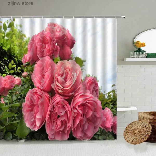 Cortinas de chuveiro rosa cenário floral cortina de chuveiro planta flor natureza fotografia amor casal banheiro parede deco com gancho tela à prova dwaterproof água y240316