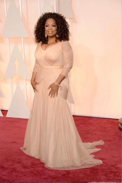 2024 rosa cipria Oprah Winfrey Abiti da celebrità Oscar plus size scollo a V tubino in tulle con maniche lunghe Sweep Train Abiti da sera drappeggiati