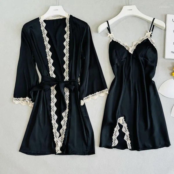 Delle donne Degli Indumenti Da Notte Sexy Della Cinghia di Spaghetti Salotto Kimono Accappatoio 2024 Primavera Robe Set Lace Trim Camicia Da Notte Delle Donne Homewear Rayon