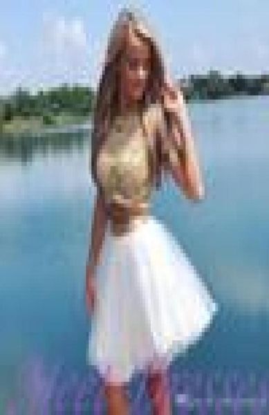 Moda Beyaz ve Altın Boncuklu İki Parça Kısa Homecoming Elbise Aline Sweet 16 Mezuniyet Kokteyl Parti Elbise Artı Boyut Özel M7527208