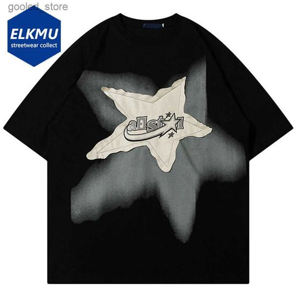 T-shirt da uomo Maglietta oversize da uomo Star Splicing Harajuku Streetwear Magliette Uomo 2024 Moda Casual Cotone sciolto Hip Hop Y2K T-shirt Top Q240316