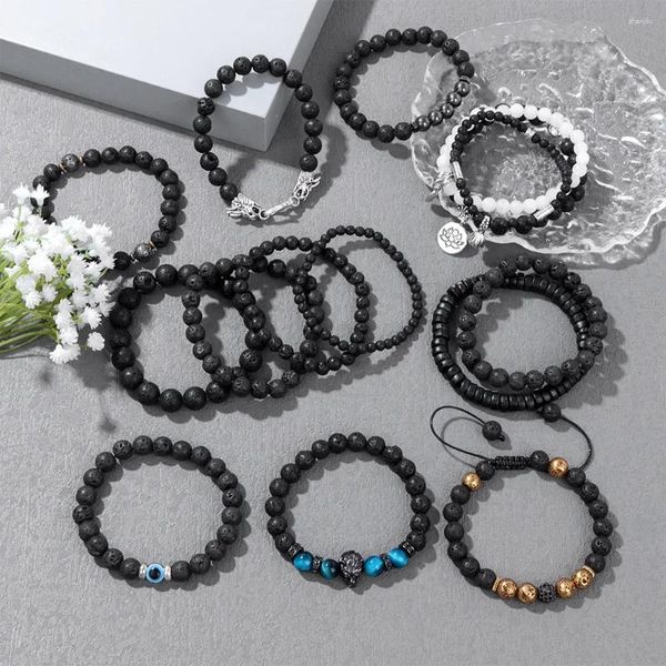 Strand natural preto lava pedra vulcânica pulseira frisado difusor de óleo essencial elástico estiramento religião pulseiras pulseira para mulher